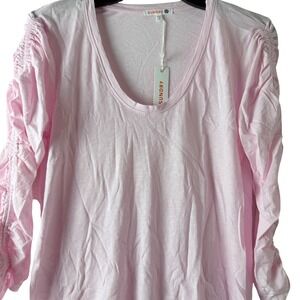 Sundry Top Pima Cotton Womens S/2 Pink Ruched Long Sleeve Scoop Neck Slub Tee